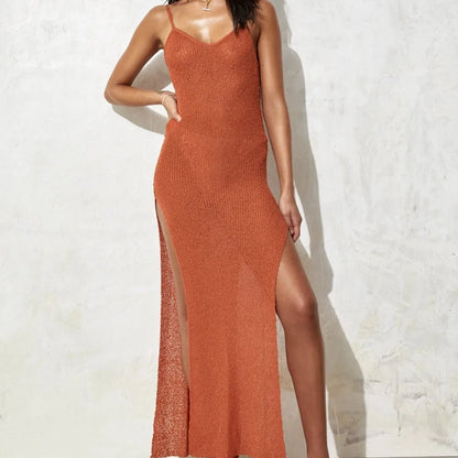 Cryptographic Elegant Knitted Slit Long Dress Outfits for Women Summer Beachwear Holiday Sleeveless Backless Dresses See Through