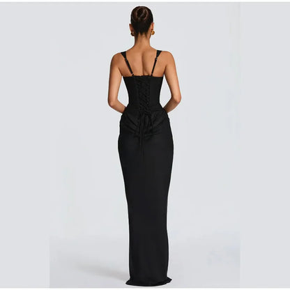 Women Brown Square-neck Pleated Sling Maxi Dress Sexy Sleeveless Off-shoulder Waist Cinching Slim Dresses Evening Party Gown