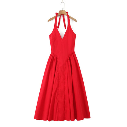 YENKYE Sexy Backless Green Elegant Halter Dress For Women Low Waist A-line Midi Summer Evening Party Dresses Cotton Robe