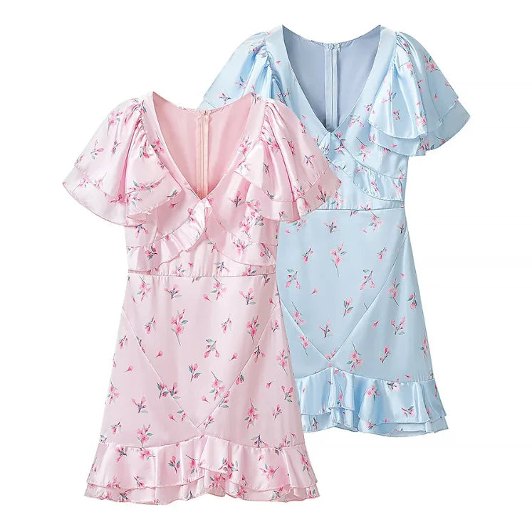 Floral Print V-neck Cinched Waist Dress Women Chic Layered Ruffle Hem Short Sleeved High-waist Dresses 2026 New Street Vestidos
