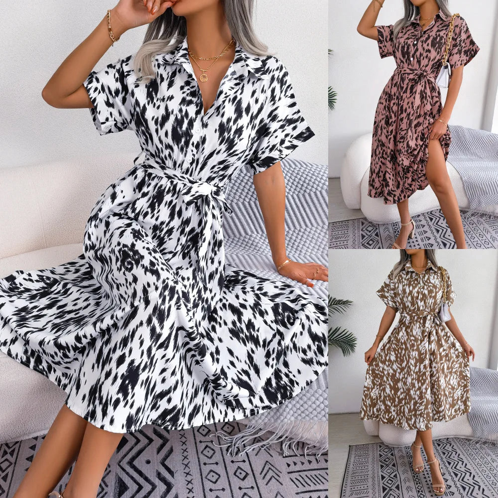 Ficusrong Women Summer Casual Loose Leopard Lace Up Shirt Dress For Ladies Fashion All Match Chic Dresses