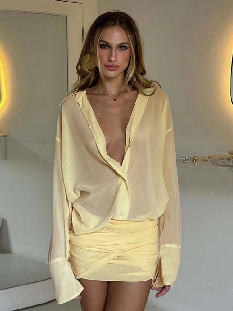 Fashion Solid Mesh Long Sleeved Backless Pleated Prom Dresses Chic Ruffle Bow Lace Up Women Mini Dresses Lady Spring Party Robe