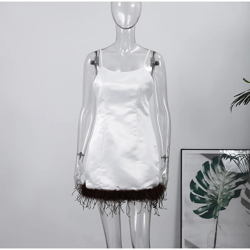 Sexy Feather Patchork Sling Short Dress Women Sleeveless Backless Slim Female Dresses 2026 Spring Summer Lady Beach Chic Robes