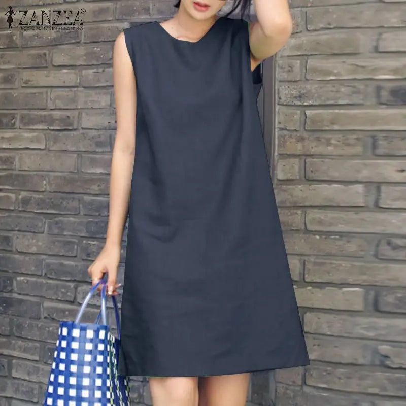 2024 Summer Dress ZANZEA Fashion Sleeveless Beach Vestidos Office Work Sundress Women Elegant Solid Color Dresses Robe Femme