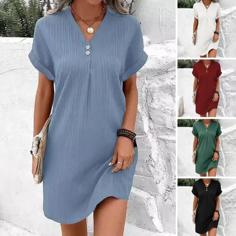 Summer Women Dress V Neck Button Short Sleeves Loose Casual Loose Fit Button Dress Summer Loose Lady Short Dress Women Dresses