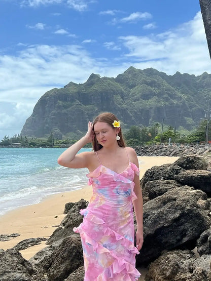 Women Solid Halter Neck Ruffle Long Dress Elegant Sleeveless Chiffon Tiered Waist Cinching Maxi Dresses 2026 New Street Vestidos