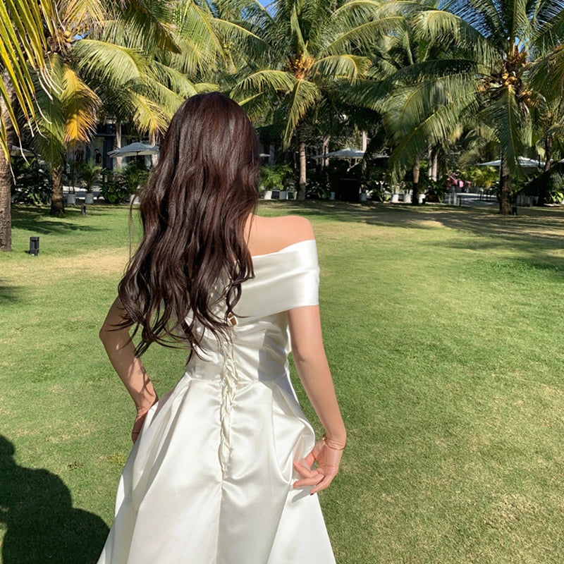 Horetong Bow Slash Neck Sexy Dress Summer Women White Fairy Elegant A-Line Midi Dresses Female Party Prom Clothes Vestdios