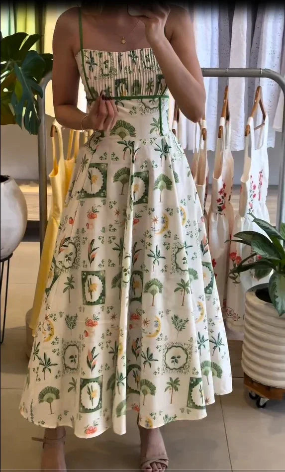 Women Chic Printed Gathered Large Swing Dress Sexy Sleeveless High Waist Slim Fit Sling Dresses 2026 New Lady Party Club Gowns