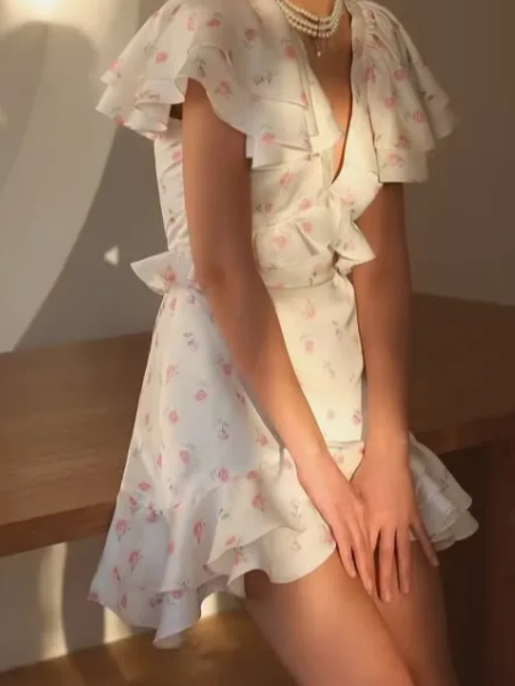Floral Print V-neck Cinched Waist Dress Women Chic Layered Ruffle Hem Short Sleeved High-waist Dresses 2026 New Street Vestidos