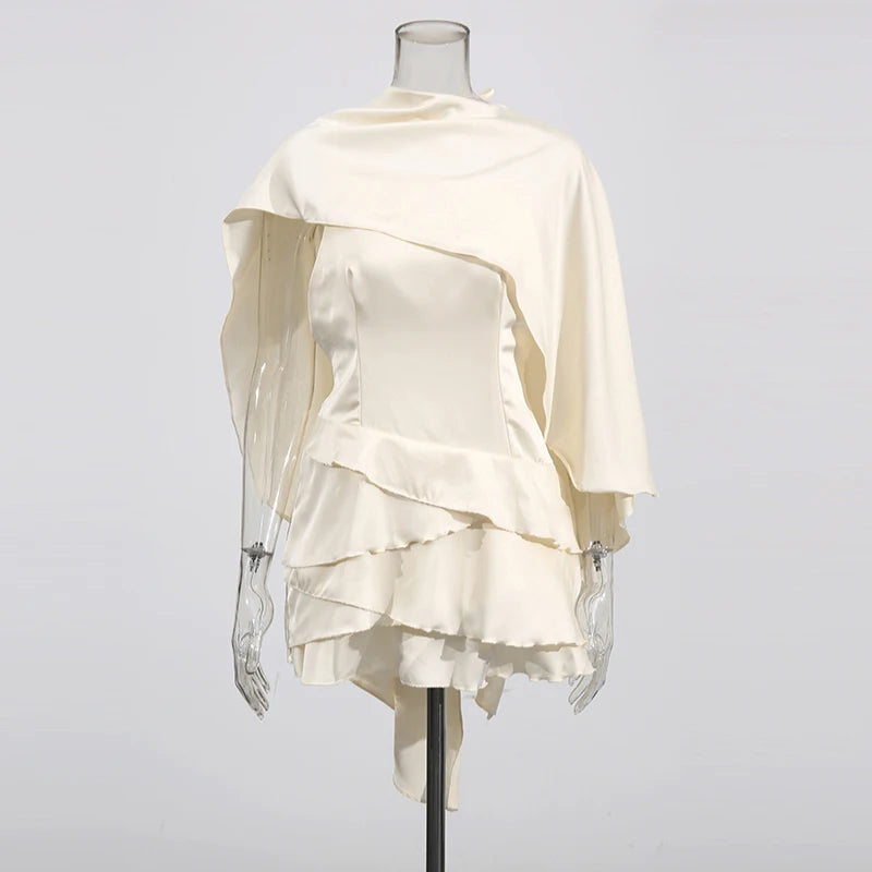 TWOTWINSTYLE Spliced Ruffles Slimming Dresses for Women Strapless Sleeveless High Waist Dress Patchwork Shawl Dress Female