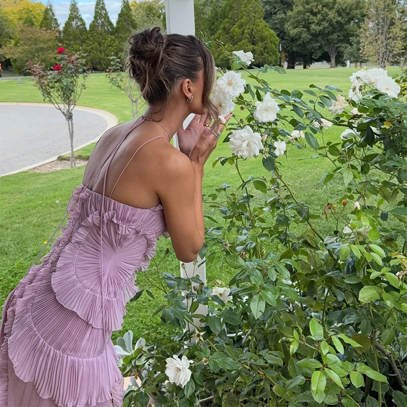 Elegant Women Lotus Edge Maxi Dress Slim Fit Backless Lace Up Halter Dresses Sleeveless Party Vacation Gowns