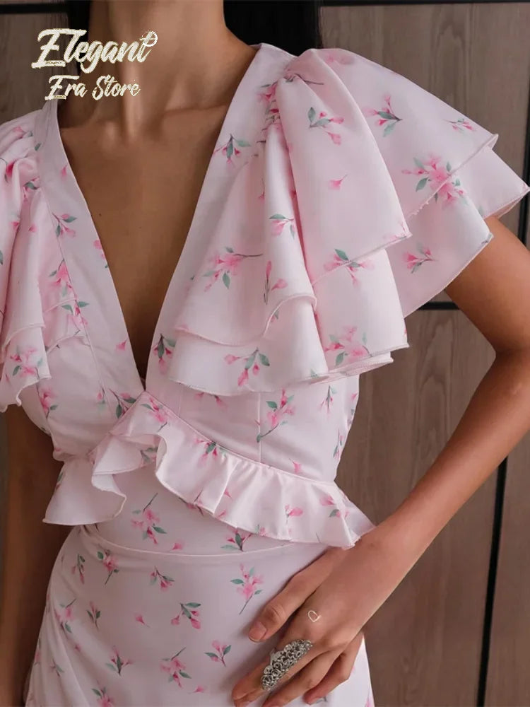 Floral Print V-neck Cinched Waist Dress Women Chic Layered Ruffle Hem Short Sleeved High-waist Dresses 2026 New Street Vestidos