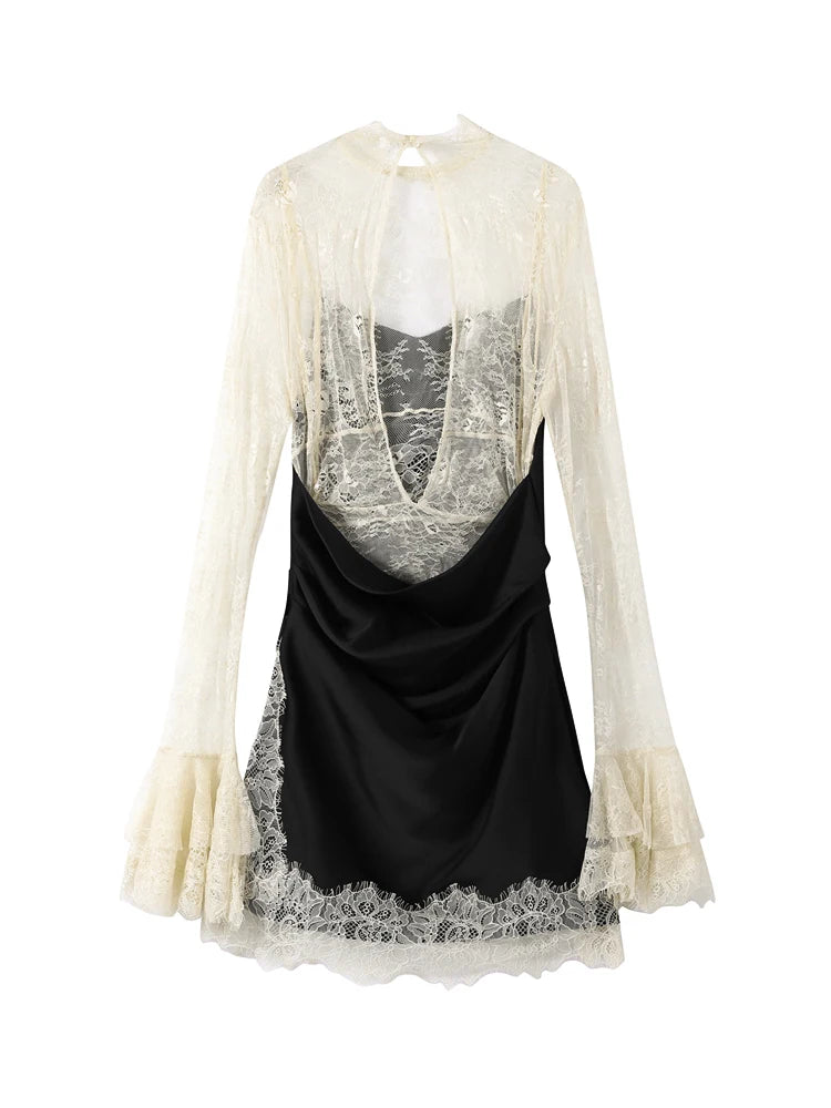 Lace Patchwork Panelled Short Dress Women Sexy Hollow Out Flare Long Sleeve Pleat Party Evening Dresses Charming Ladies Clubwear