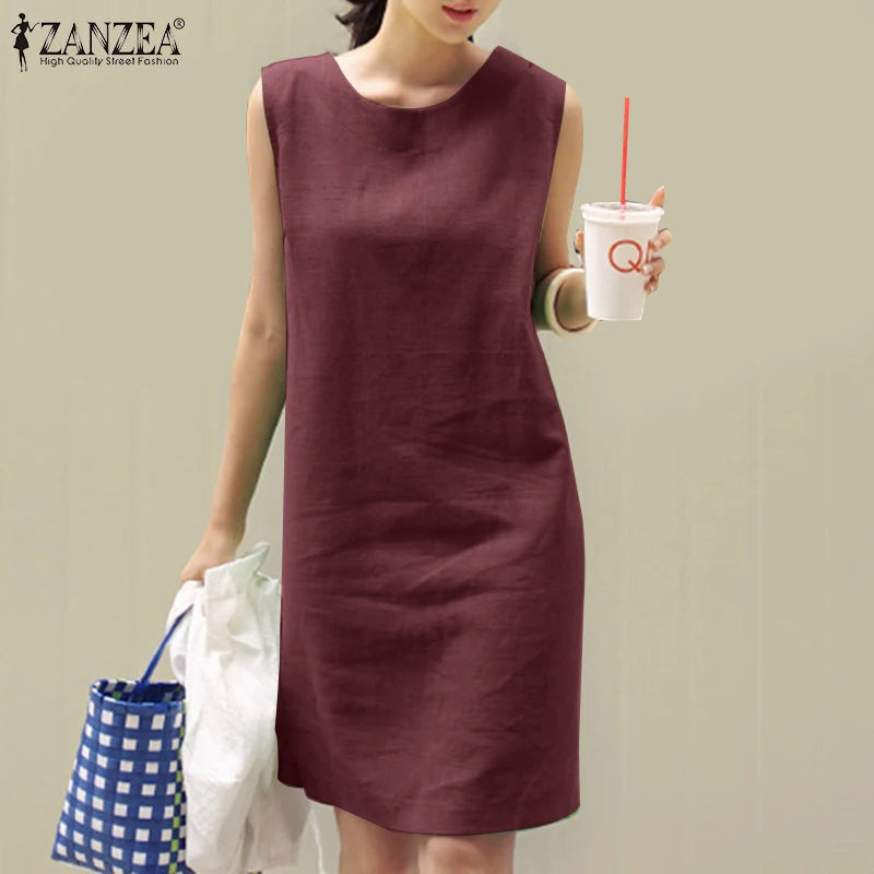 2024 Summer Dress ZANZEA Fashion Sleeveless Beach Vestidos Office Work Sundress Women Elegant Solid Color Dresses Robe Femme