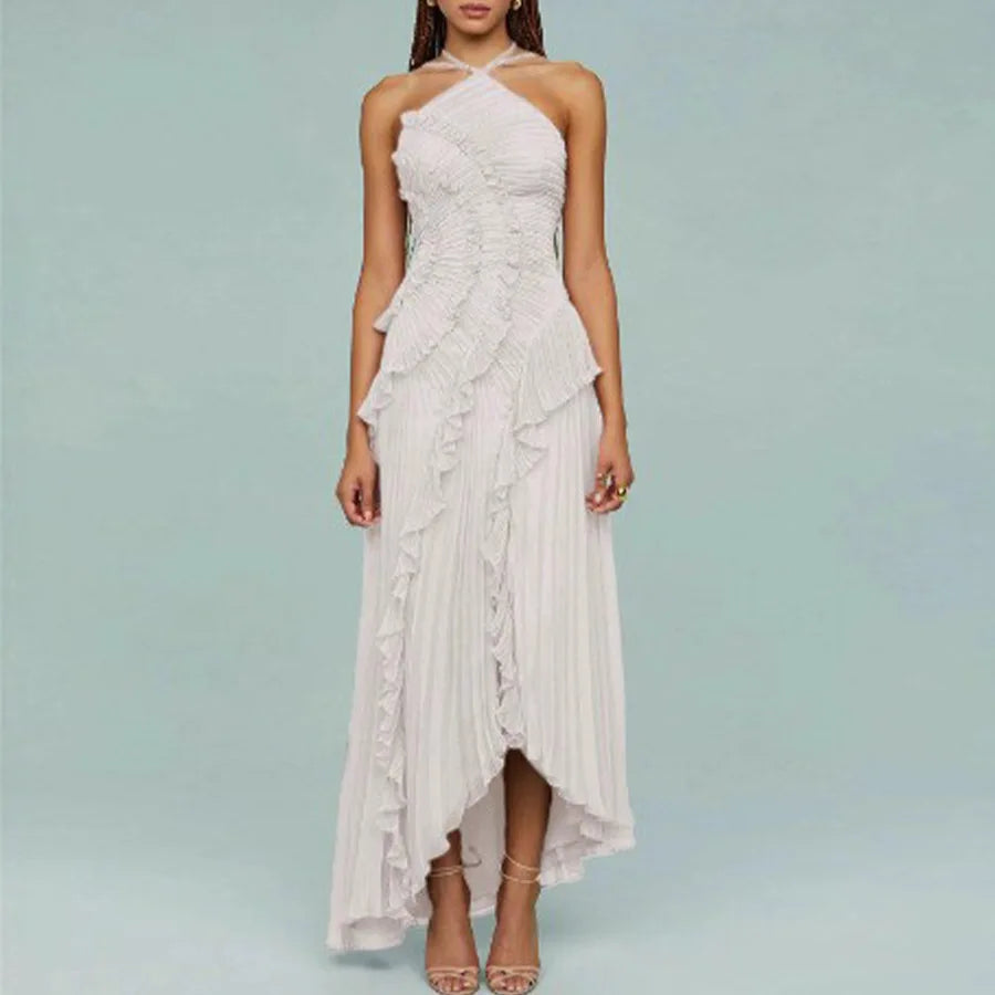 Elegant Women Lotus Edge Maxi Dress Slim Fit Backless Lace Up Halter Dresses Sleeveless Party Vacation Gowns