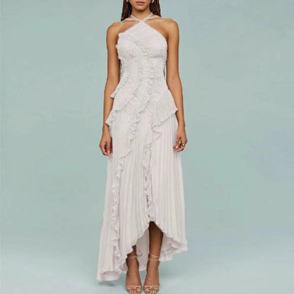 Elegant Women Lotus Edge Maxi Dress Slim Fit Backless Lace Up Halter Dresses Sleeveless Party Vacation Gowns