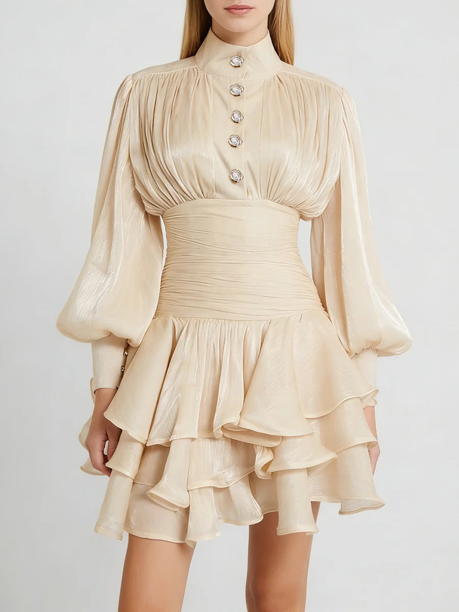 TWOTWINSTYLE Solid Spliced Ruffles Folds Elegant Dresses for Women Stand Neck Long Sleevs Tunic Temperament Dress Female Fashion
