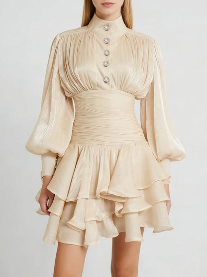 TWOTWINSTYLE Solid Spliced Ruffles Folds Elegant Dresses for Women Stand Neck Long Sleevs Tunic Temperament Dress Female Fashion