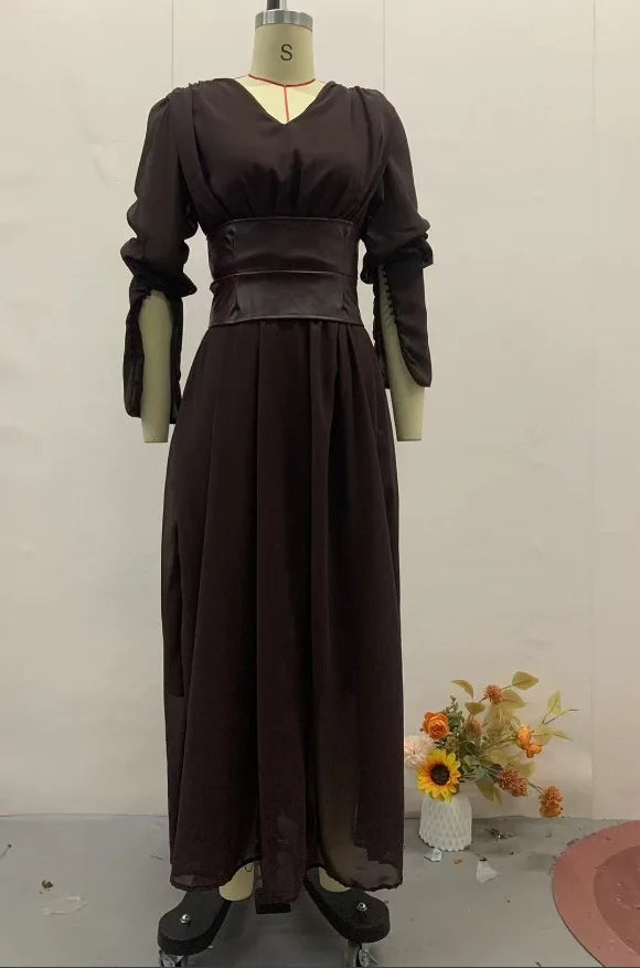 Vintage Nipped Waisted Long Sleeved A-line Dress Elegant V Neck Split Long Dresses 2024 Women Loose Vintage Party Long Dresses