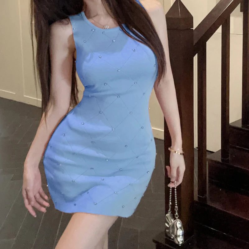 2024 New Summer Women Vintage Ladies Sleeveless Slim Elastic Knit Vest Dress Knitted Elegant Sexy Bodycon Mini Dresses