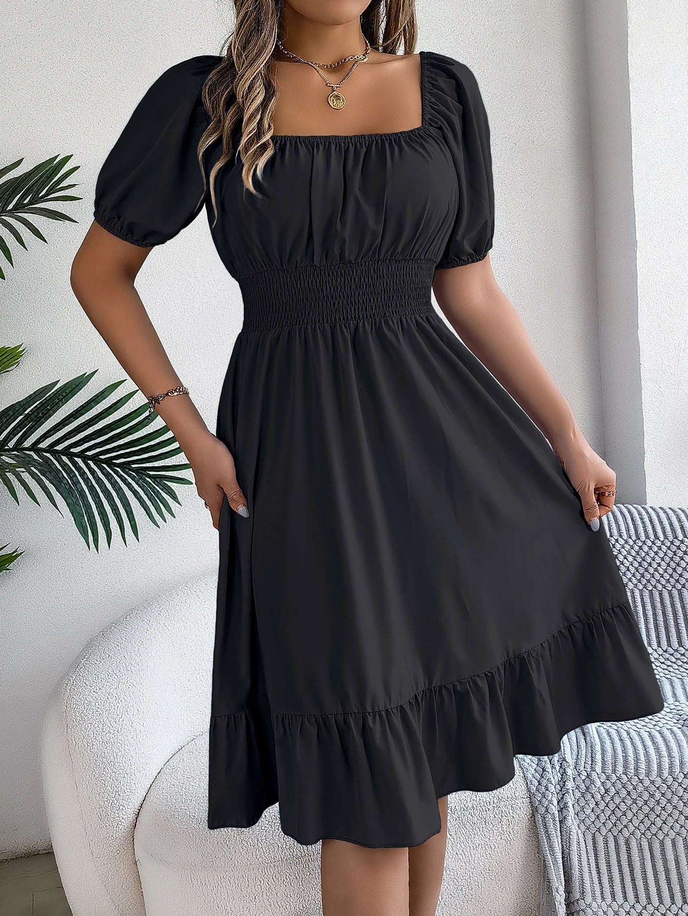 Spring Summer Elegant High Waisted Dress Square Neck Short Sleeved Ruffled Edge Long Dresses 2026 Valentine's Day Woman Clothing