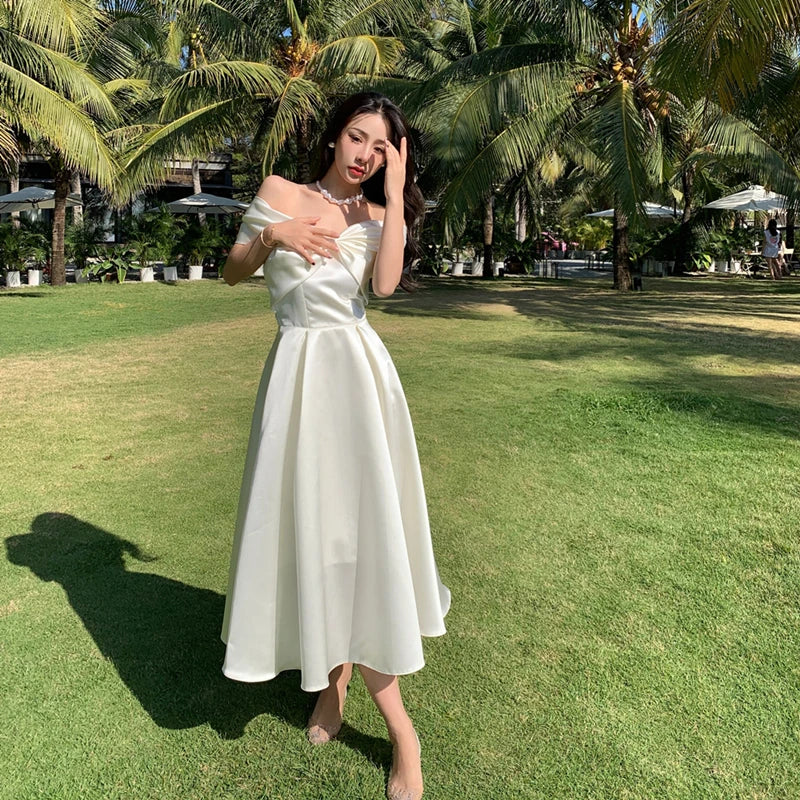 Horetong Bow Slash Neck Sexy Dress Summer Women White Fairy Elegant A-Line Midi Dresses Female Party Prom Clothes Vestdios