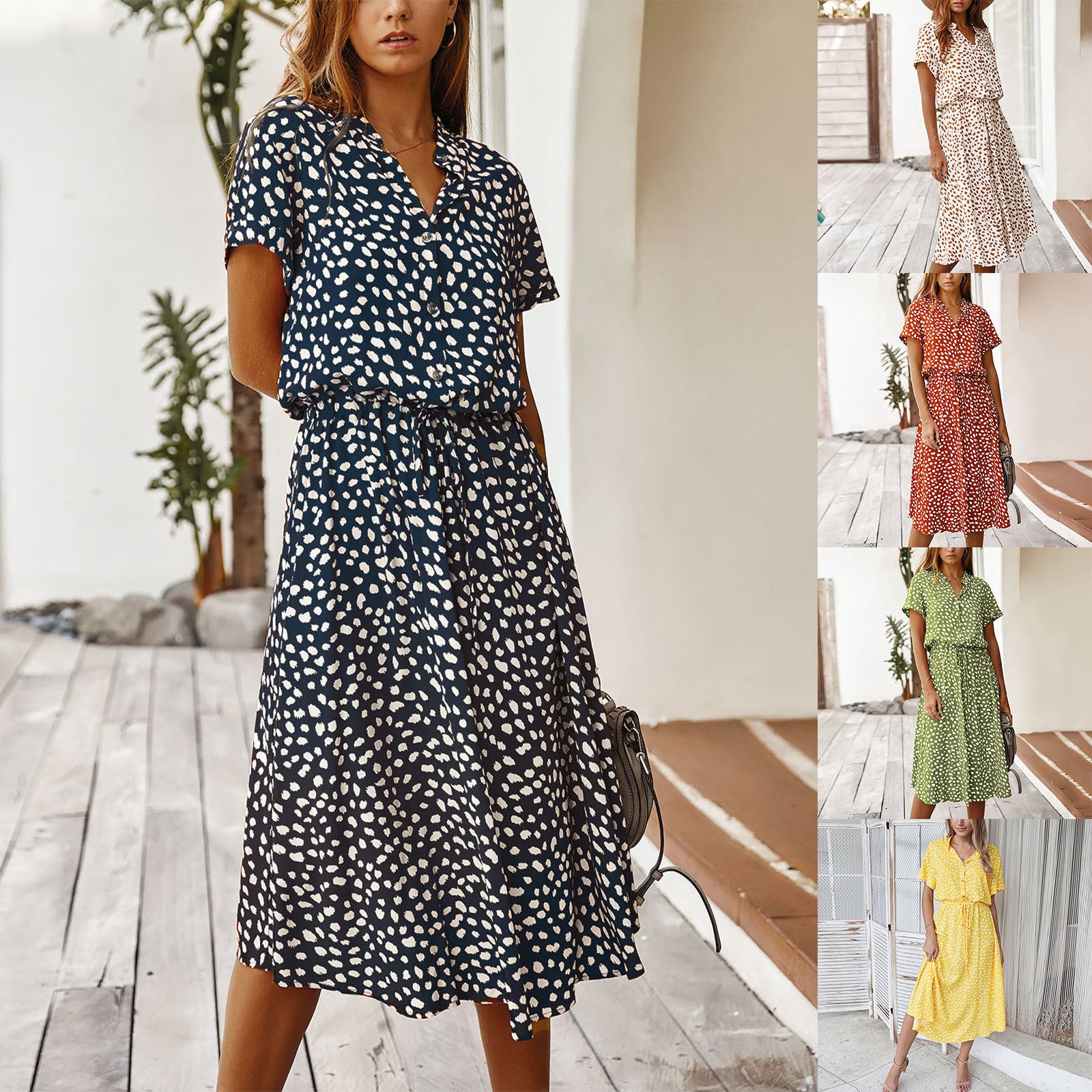 Summer Dresses Women Summer Polka Dot Printing Dresses With Buttons Short Sleeves Drawstring High Waist Dress Vestidos 2023