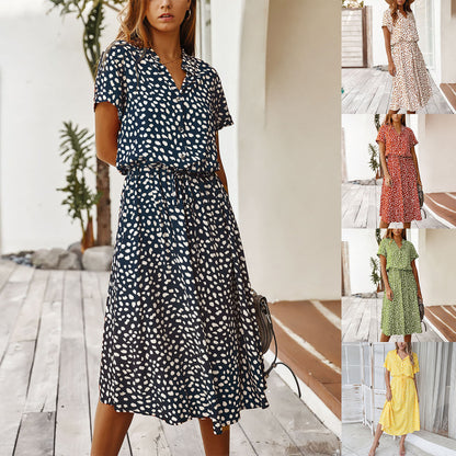 Summer Dresses Women Summer Polka Dot Printing Dresses With Buttons Short Sleeves Drawstring High Waist Dress Vestidos 2023