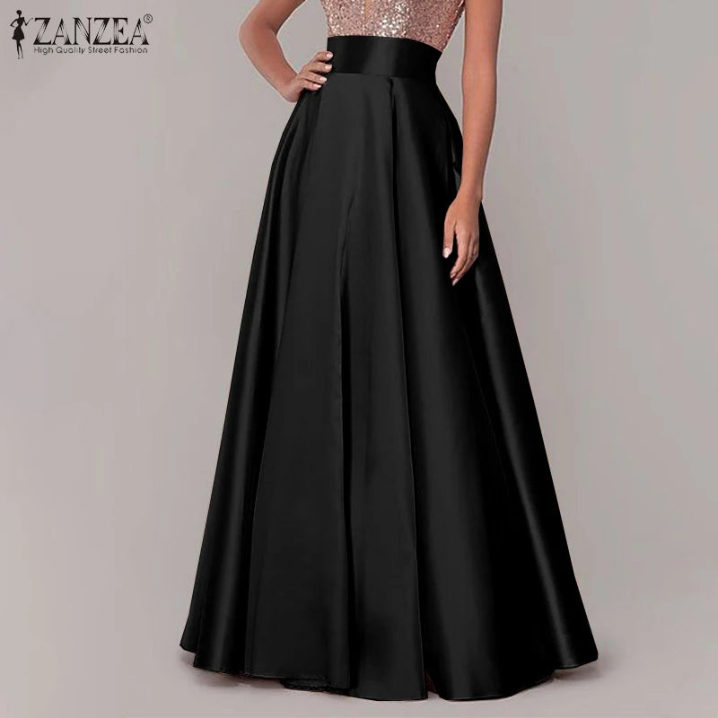 ZANZEA Women Satin Silk Black Maxi Long Skirts Elegant Luxury High Waisted A-Line Party Jupe Femme with Back Zipper Faldas Mujer