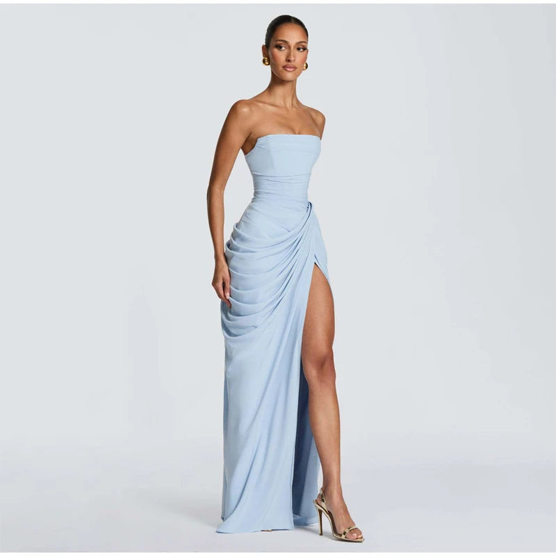 Yellow Strapless Pleated Women Split Maxi Dress Elegant Sleeveless Waist Cinching Slim Fit Dresses 2026 Lady Daily Party Gowns