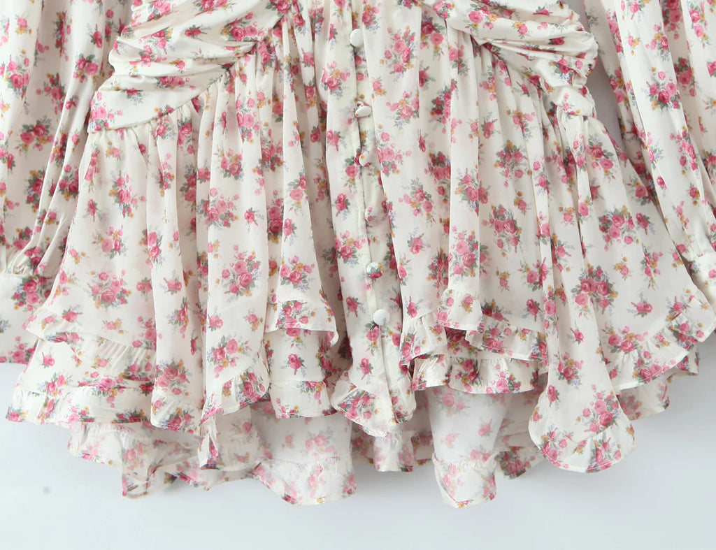 Boho Floral Print Ruffle Mini Dress Women Front Button Long Sleeve V Neck Spring Dresses 2025 Holiday Robe Short Vestidos