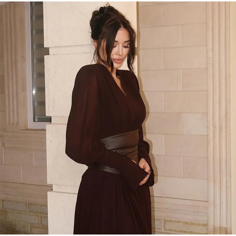Vintage Nipped Waisted Long Sleeved A-line Dress Elegant V Neck Split Long Dresses 2024 Women Loose Vintage Party Long Dresses