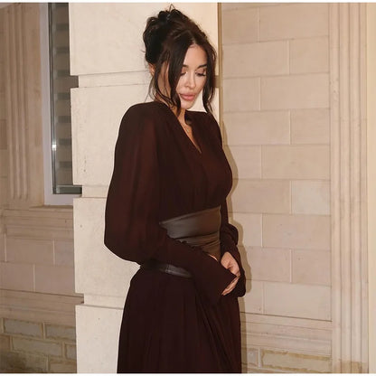 Vintage Nipped Waisted Long Sleeved A-line Dress Elegant V Neck Split Long Dresses 2024 Women Loose Vintage Party Long Dresses