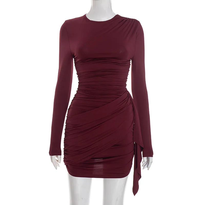 Crew Neck Solid Slim Sheath Dress Fashion Women Long Sleeve Short Wrap High Waisted Mini Dresses Lady 2026 Party Evening Gown