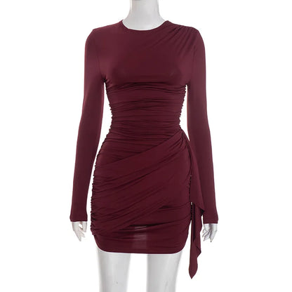 Crew Neck Solid Slim Sheath Dress Fashion Women Long Sleeve Short Wrap High Waisted Mini Dresses Lady 2026 Party Evening Gown