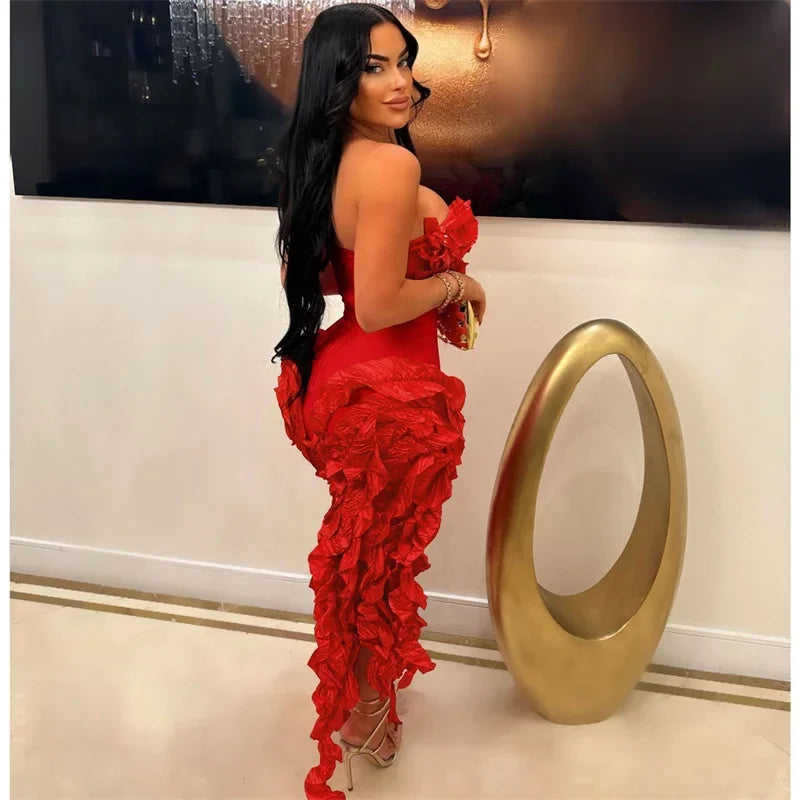 Elegant Ruffles Tassel Birthday Dress for Women 2024 Night Party Celebrity Irregular Strapless Sleeveless Evening Long Dresses