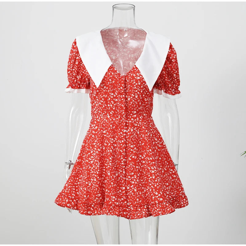 Red Floral Print Peter Pan Collar Women Summer Dress Puff Sleeve V Neck A-line Mini Dresses  2026 Lady Weekend Getaway Vestidos