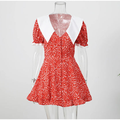 Red Floral Print Peter Pan Collar Women Summer Dress Puff Sleeve V Neck A-line Mini Dresses  2026 Lady Weekend Getaway Vestidos