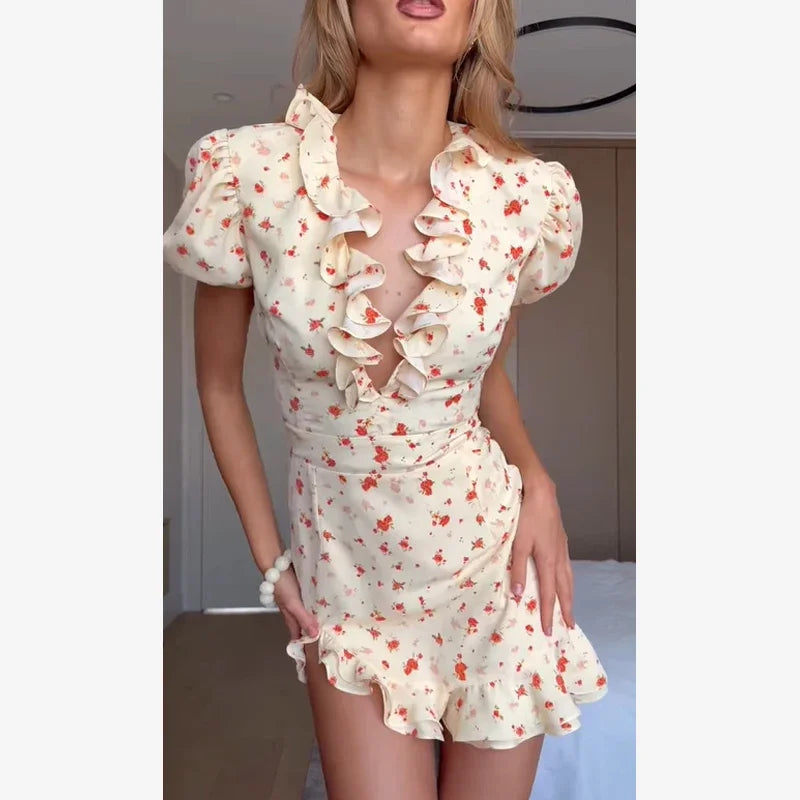 Chic Ruffle Print Slim Fit Dress Women Chic Flared sleeves V-neck Pleated Short Dresses 2026 Lady Summer Casual Daily Vestidos