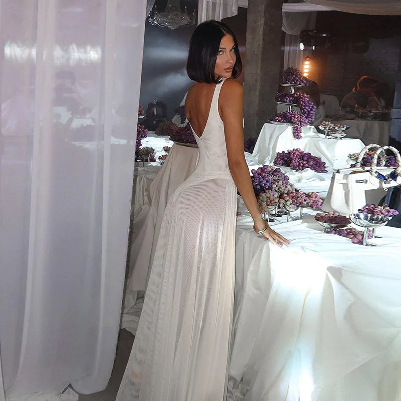 DGLUKE Transparent Mesh Maxi Dress With Bodysuit Plunging Backless Long Summer Dress Women Sexy Beach Party Dresses