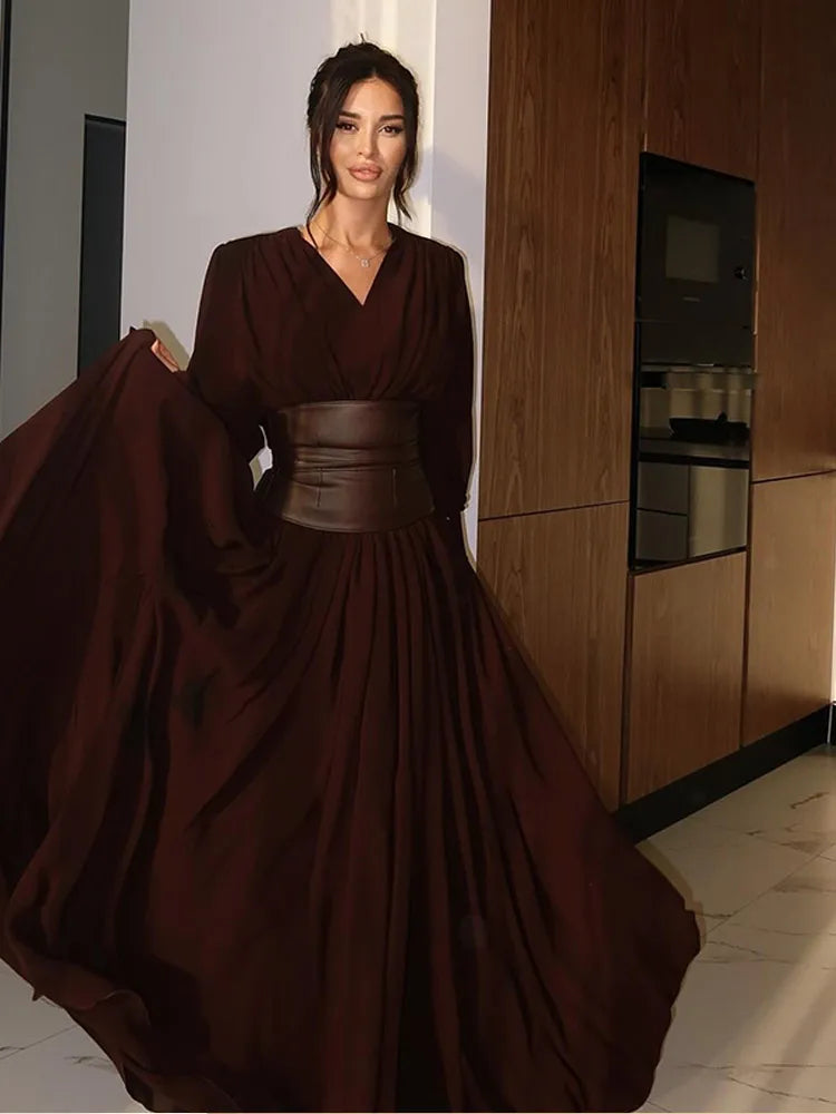 Vintage Nipped Waisted Long Sleeved A-line Dress Elegant V Neck Split Long Dresses 2024 Women Loose Vintage Party Long Dresses