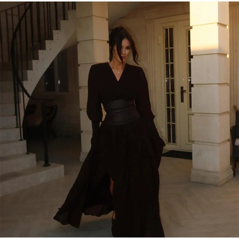 Vintage Nipped Waisted Long Sleeved A-line Dress Elegant V Neck Split Long Dresses 2024 Women Loose Vintage Party Long Dresses