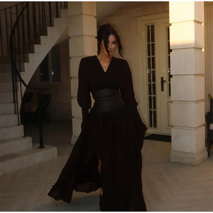 Vintage Nipped Waisted Long Sleeved A-line Dress Elegant V Neck Split Long Dresses 2024 Women Loose Vintage Party Long Dresses