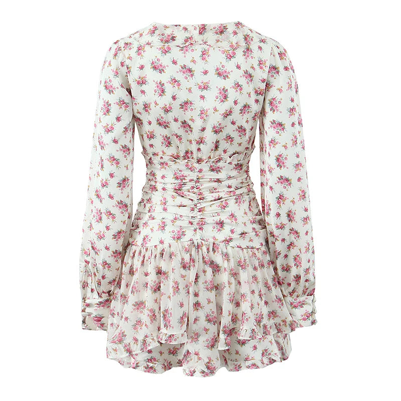 Boho Floral Print Ruffle Mini Dress Women Front Button Long Sleeve V Neck Spring Dresses 2025 Holiday Robe Short Vestidos