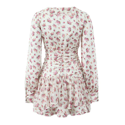 Boho Floral Print Ruffle Mini Dress Women Front Button Long Sleeve V Neck Spring Dresses 2025 Holiday Robe Short Vestidos