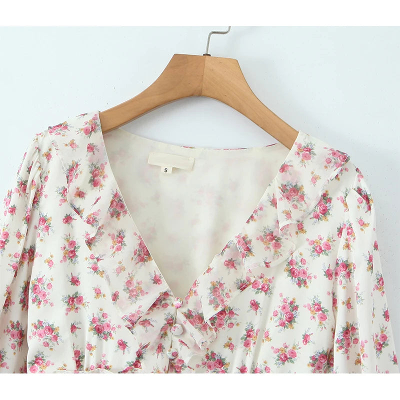 Boho Floral Print Ruffle Mini Dress Women Front Button Long Sleeve V Neck Spring Dresses 2025 Holiday Robe Short Vestidos