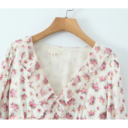 Boho Floral Print Ruffle Mini Dress Women Front Button Long Sleeve V Neck Spring Dresses 2025 Holiday Robe Short Vestidos