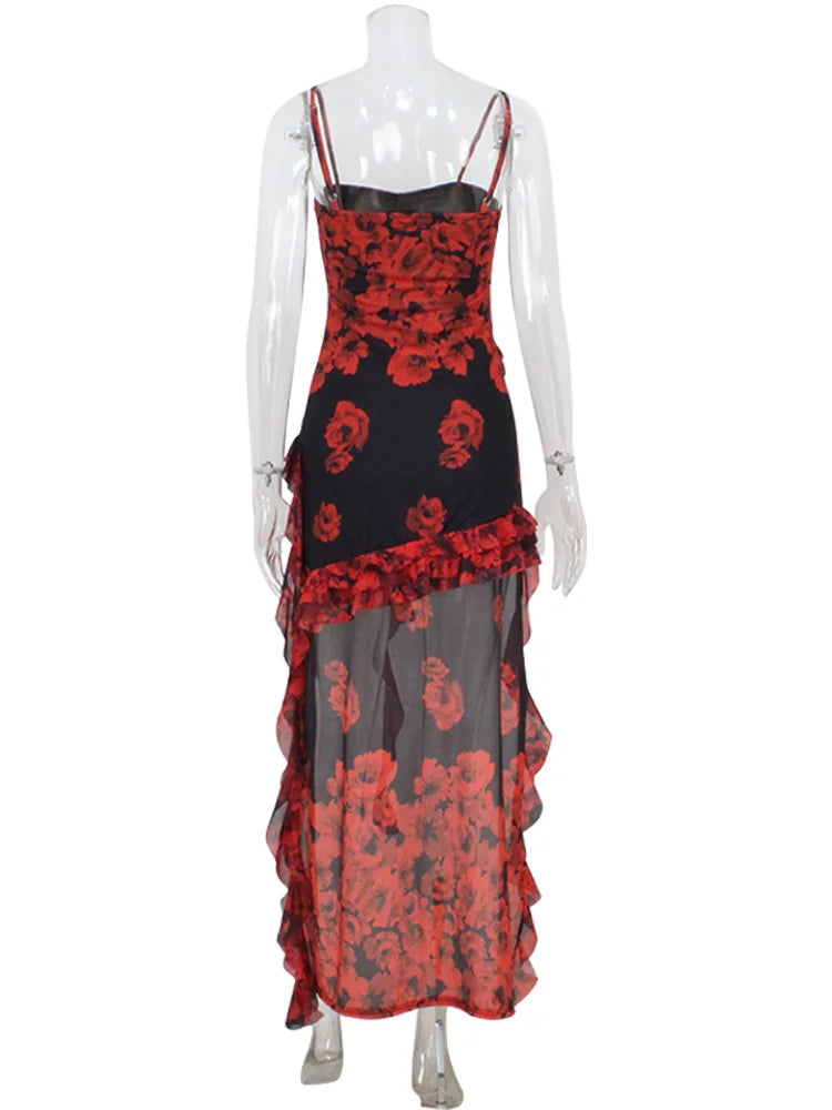 CNYISHE Camisoles Mesh Patchwork Prints Sheer Irregular hemline Trendy Chic Sheath Women Dresses Sexy Club Streetwear Female
