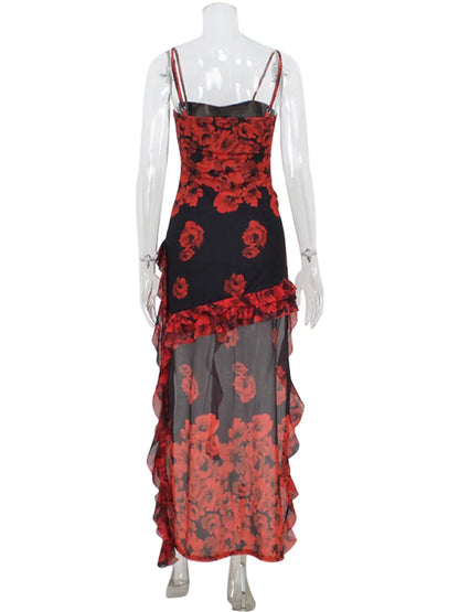 CNYISHE Camisoles Mesh Patchwork Prints Sheer Irregular hemline Trendy Chic Sheath Women Dresses Sexy Club Streetwear Female