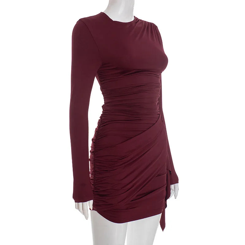 Crew Neck Solid Slim Sheath Dress Fashion Women Long Sleeve Short Wrap High Waisted Mini Dresses Lady 2026 Party Evening Gown